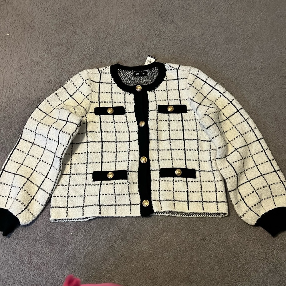 NWT EXPRESS BLACK CHECK BOUCLE CARDIGAN XL